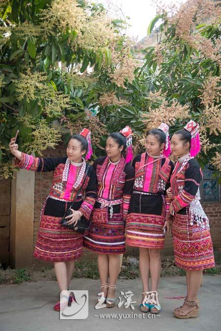 2016年3月20日，春天的甘庄，正值芒果花开。婚礼间隙，迎亲队女子玩自拍。