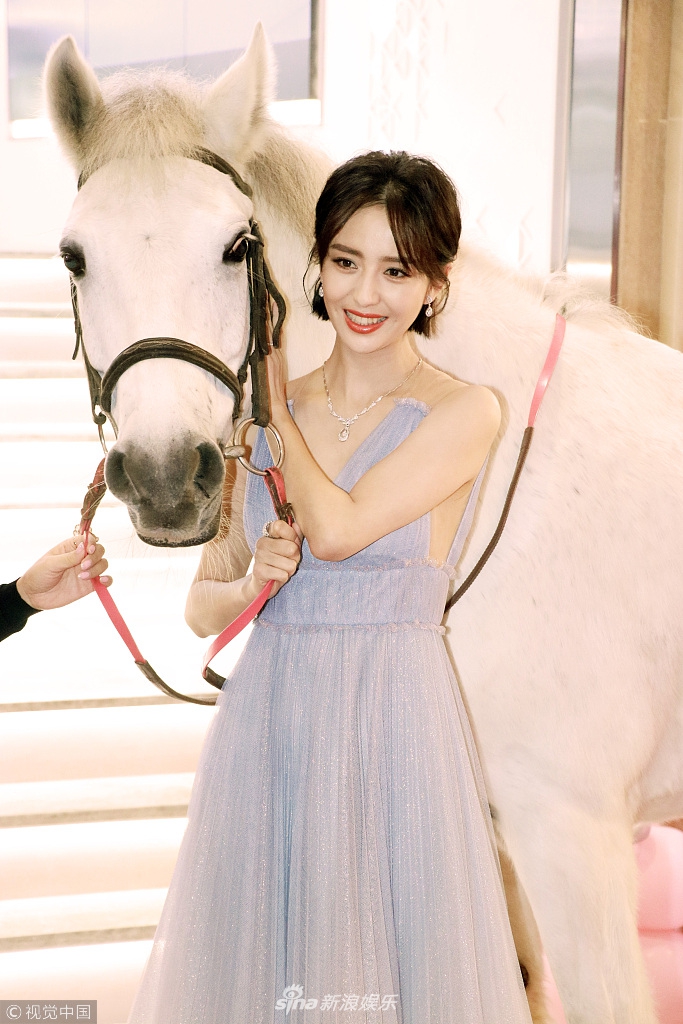 佟丽娅与白马合照甜美迷人