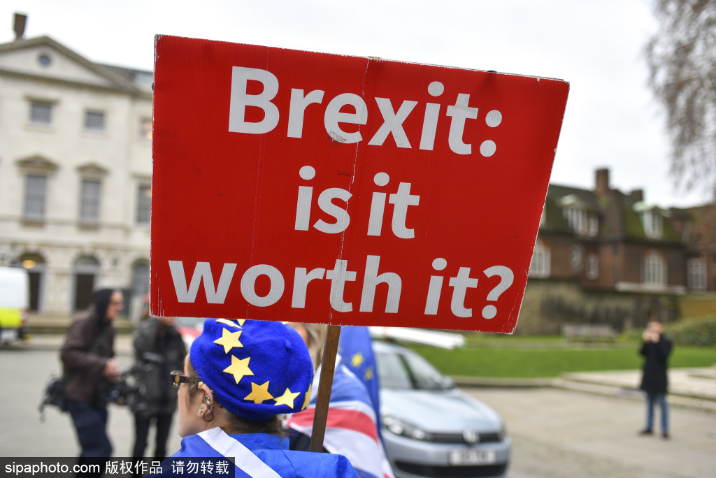 英国脱欧公投新日期确定示威者挥舞旗帜进行抗议