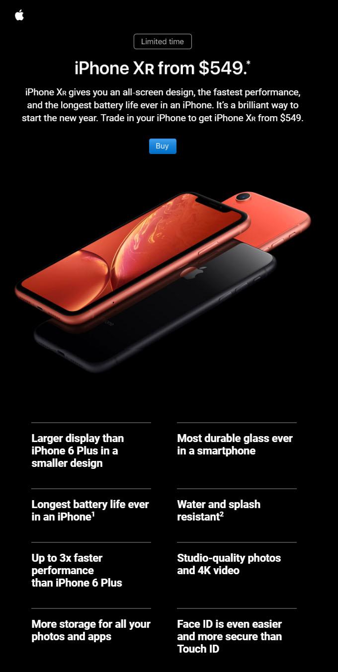 继续大力宣传 苹果发邮件推销新机型iPhone XR