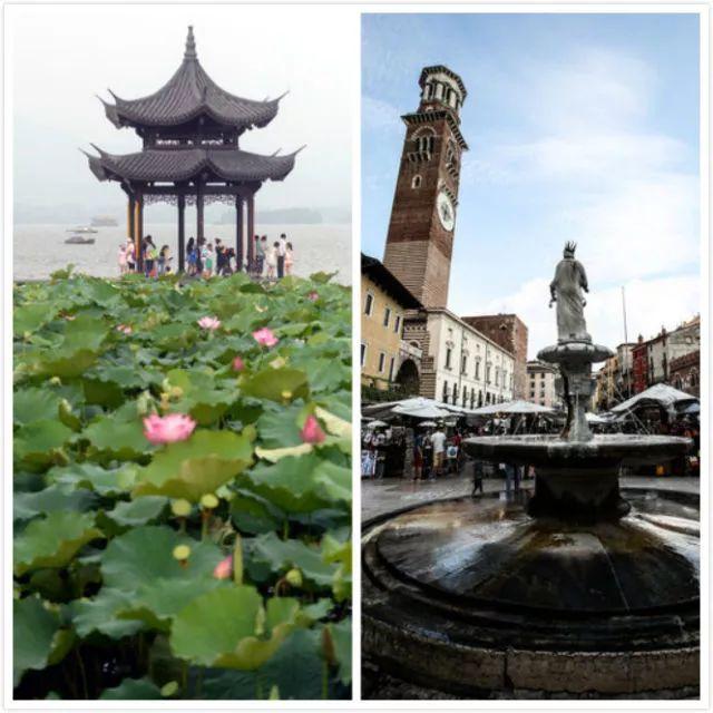 这是一张拼版照片，左为杭州，右为维罗纳。新华社发