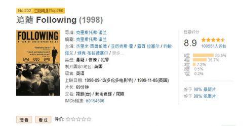 《追随》是诺兰在大学期间拍摄的影片，成本仅6000美元，69分钟，但情节足够引人入胜，显出诺兰的才气。