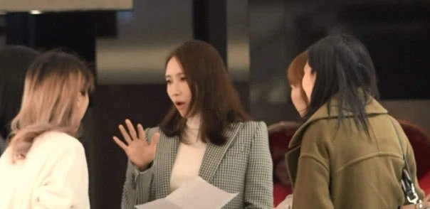 黎姿和身边几位女士正在聊天，从她的动作和神态来看是越来越有女强人的风范。