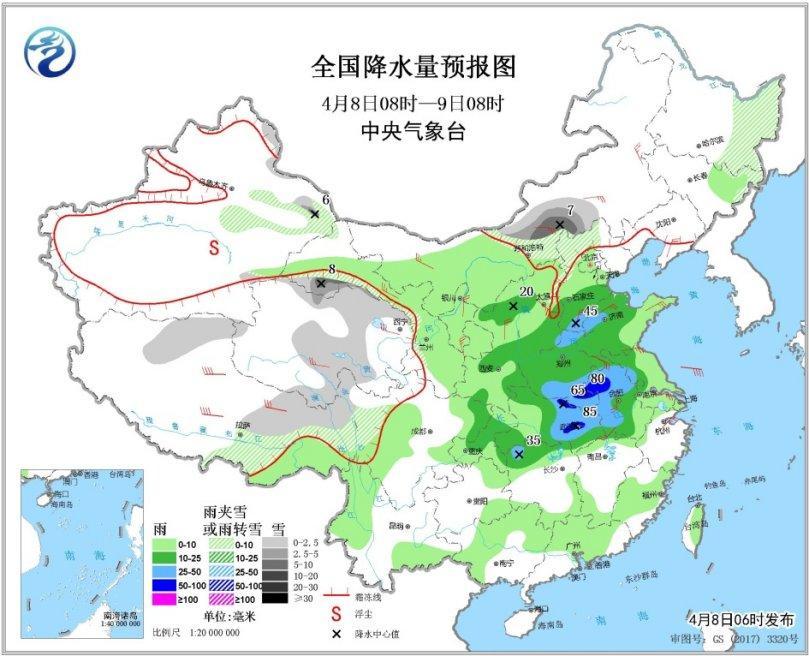 图1 全国降水量预报图(4月8日08时-9日08时)