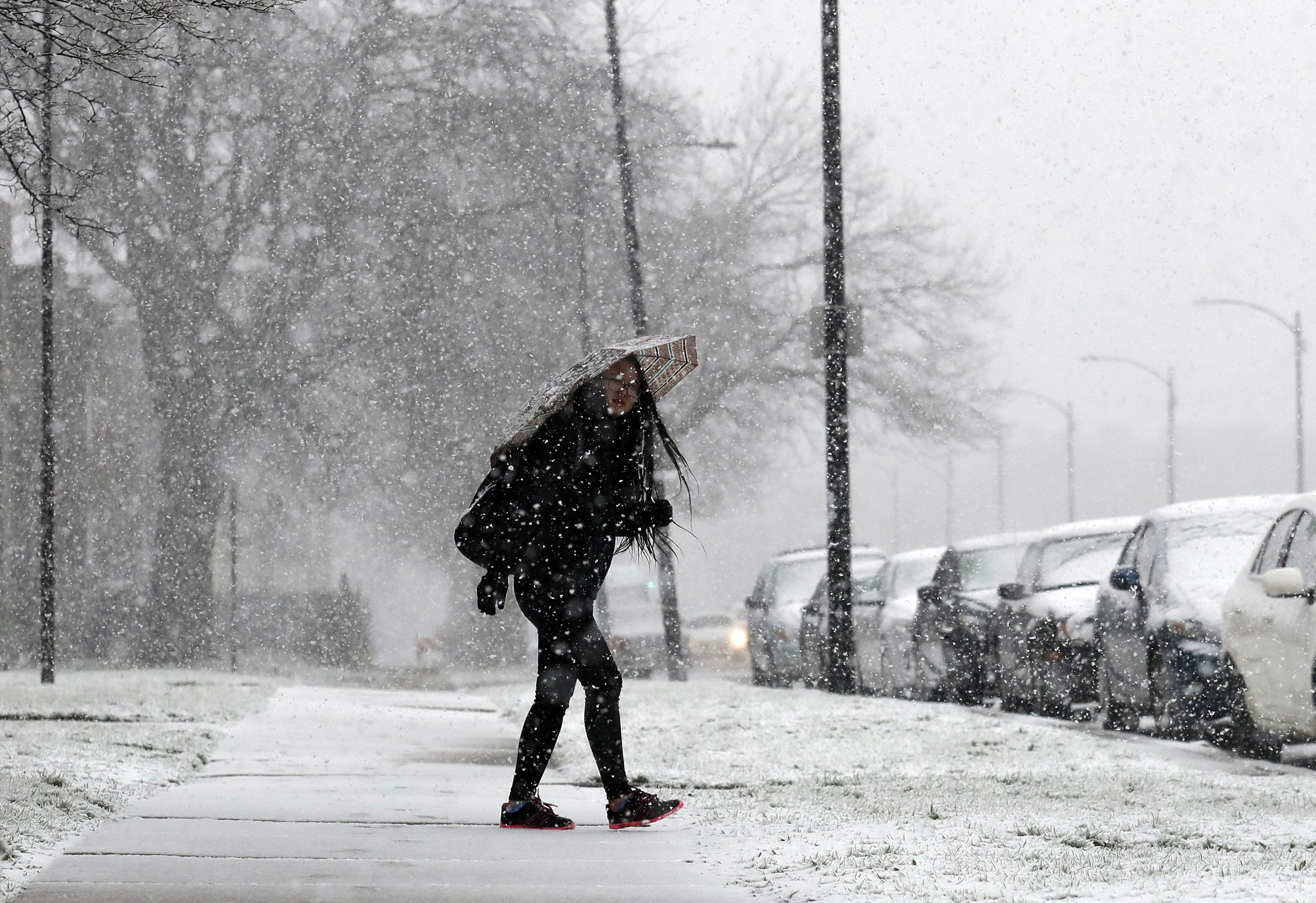 當地時間2019年4月14日,美國芝加哥,受季節風暴影響,當地迎來風雪天氣