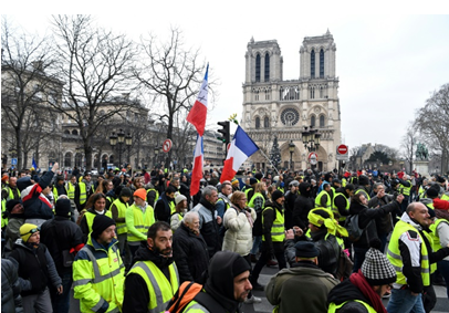 (今年1月，巴黎圣母院前身穿黄色背心的抗议者，图片来源：法新社)