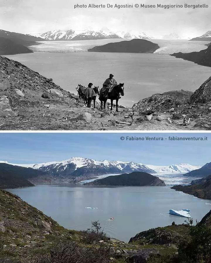 智利格雷冰川今昔对比图，上图为1945年摄。 （智利百内国家公园供图）