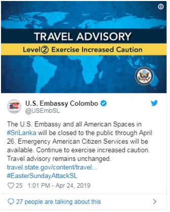 美国驻斯里兰卡大使馆推特截图