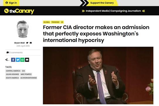 “thecanary”报道截图：前CIA局长的招认，完全暴露了华盛顿的国际伪善