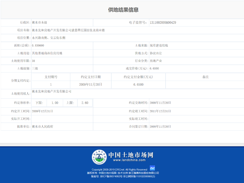 供地结果（地块一，年限38年）中国土地市场网截图