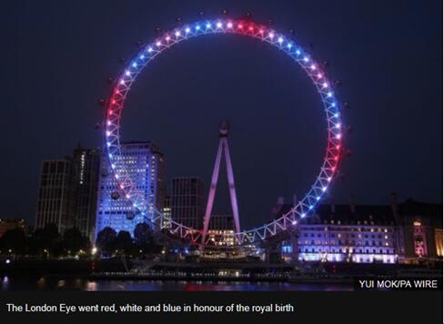 伦敦眼点亮红白蓝三色，庆祝王室迎来新成员图源：BBC