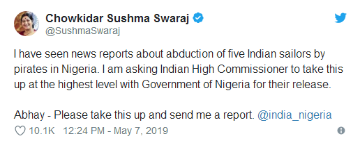 斯瓦拉吉在社交媒体上发文，要求印度驻尼日利亚高级专员处理此事。