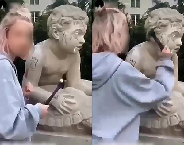 茱莉亚反复用铁锤锤打雕塑的鼻子