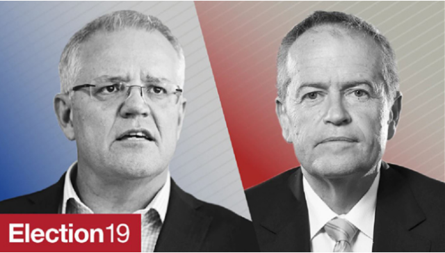 2019年澳大利亚大选，图为现任总理莫里森(左)与在野劳工党党首比尔·肖滕。(图源：澳大利亚人报)