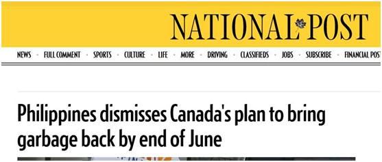 加拿大《国家邮报》报道截图：菲律宾驳回了加拿大在6月底之前回收垃圾的计划