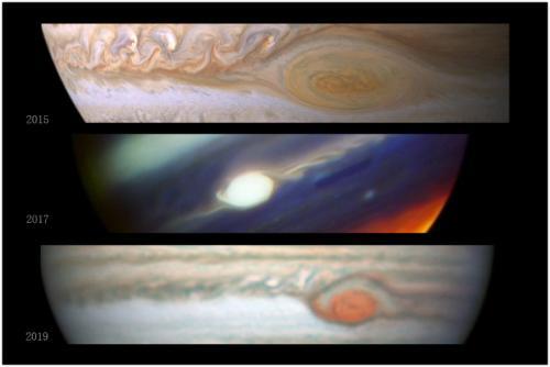 大红斑情况对比图。其中，2019年的图片来自天文爱好者安东尼⋅韦斯利( Anthony Wesley)，另外两张图片来自NASA。