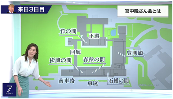 NHK直播截图，皇居内各厅室分布图