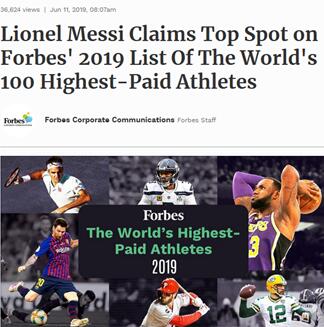 (《福布斯》公布2019年全球运动员年度收入百强名单 来源：《福布斯》)