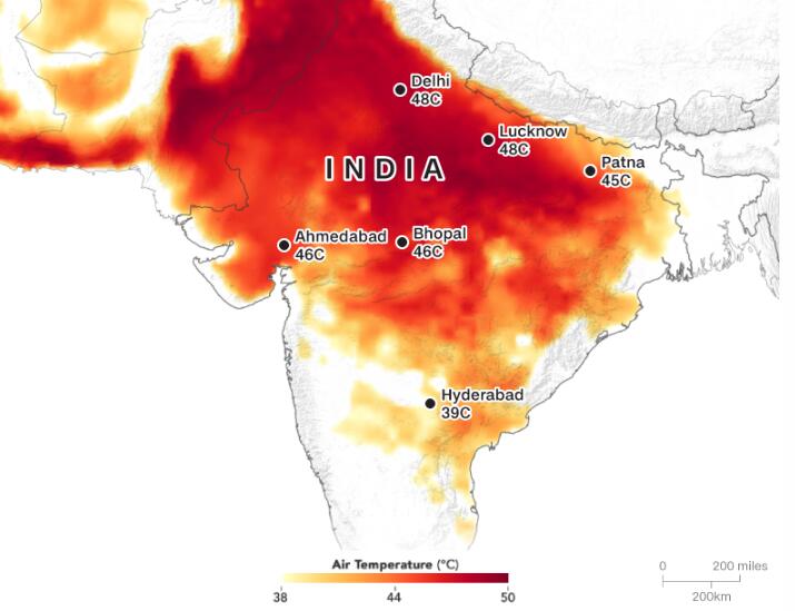 (印度受热浪影响气温示意图。图源：CNN)