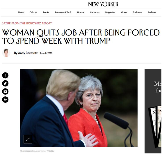 《纽约客》讽刺文章：这个女人(梅)被迫与特朗普共度一周后辞职