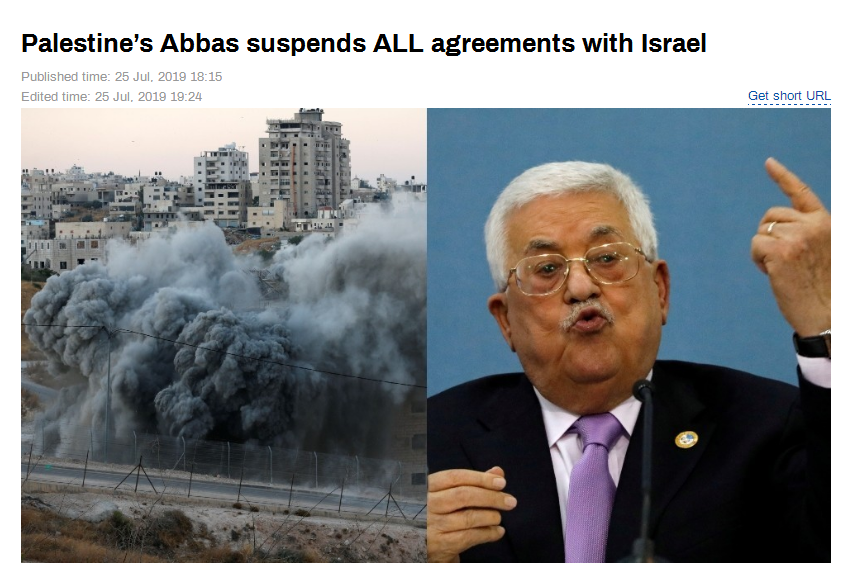 RT25日报道截图：巴勒斯坦总统阿巴斯中止与以色列全部协议