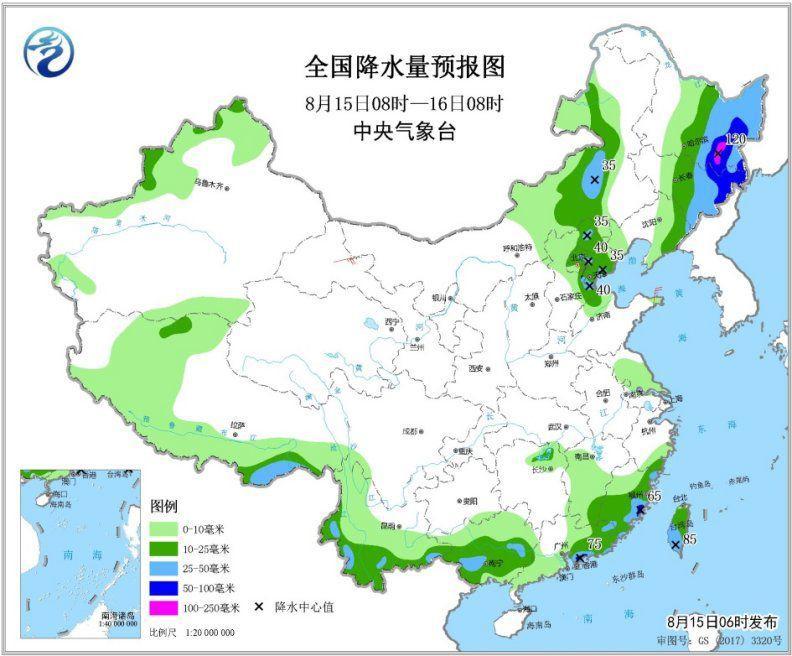 图3 全国降水量预报图(8月15日08时-16日08时)