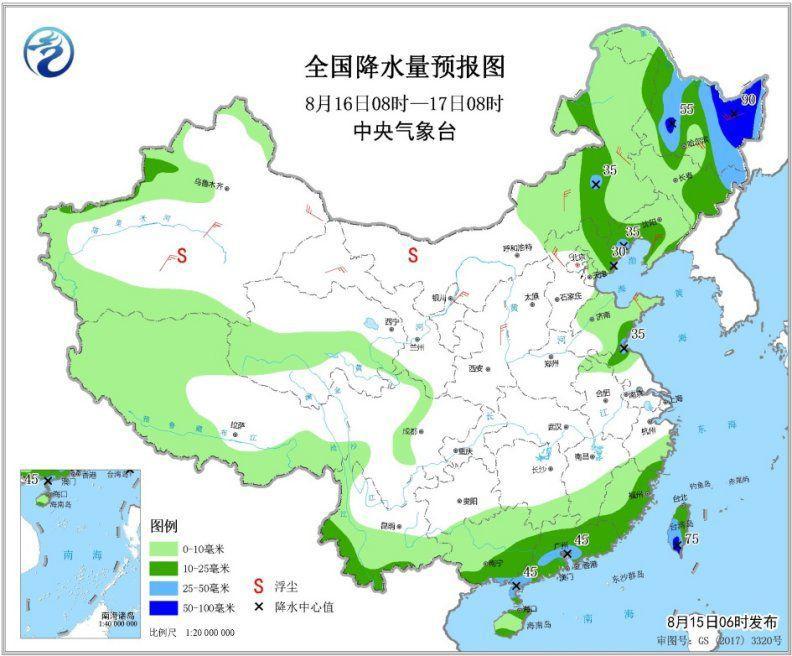 图4 全国降水量预报图(8月16日08时-17日08时)