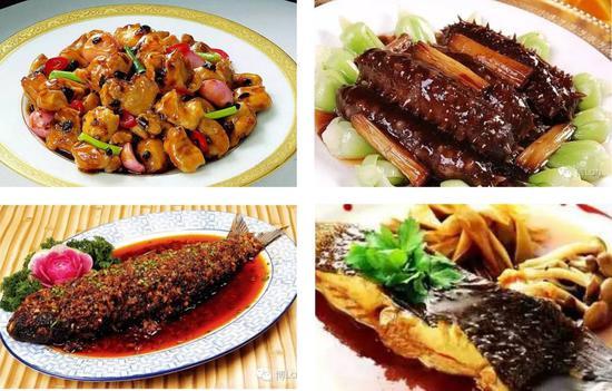 图4。大千鸡块图（上左一），葱烧乌参图（上左二），大千干烧鱼图（下左一）、干烧鲟鳇鱼图（下左二）