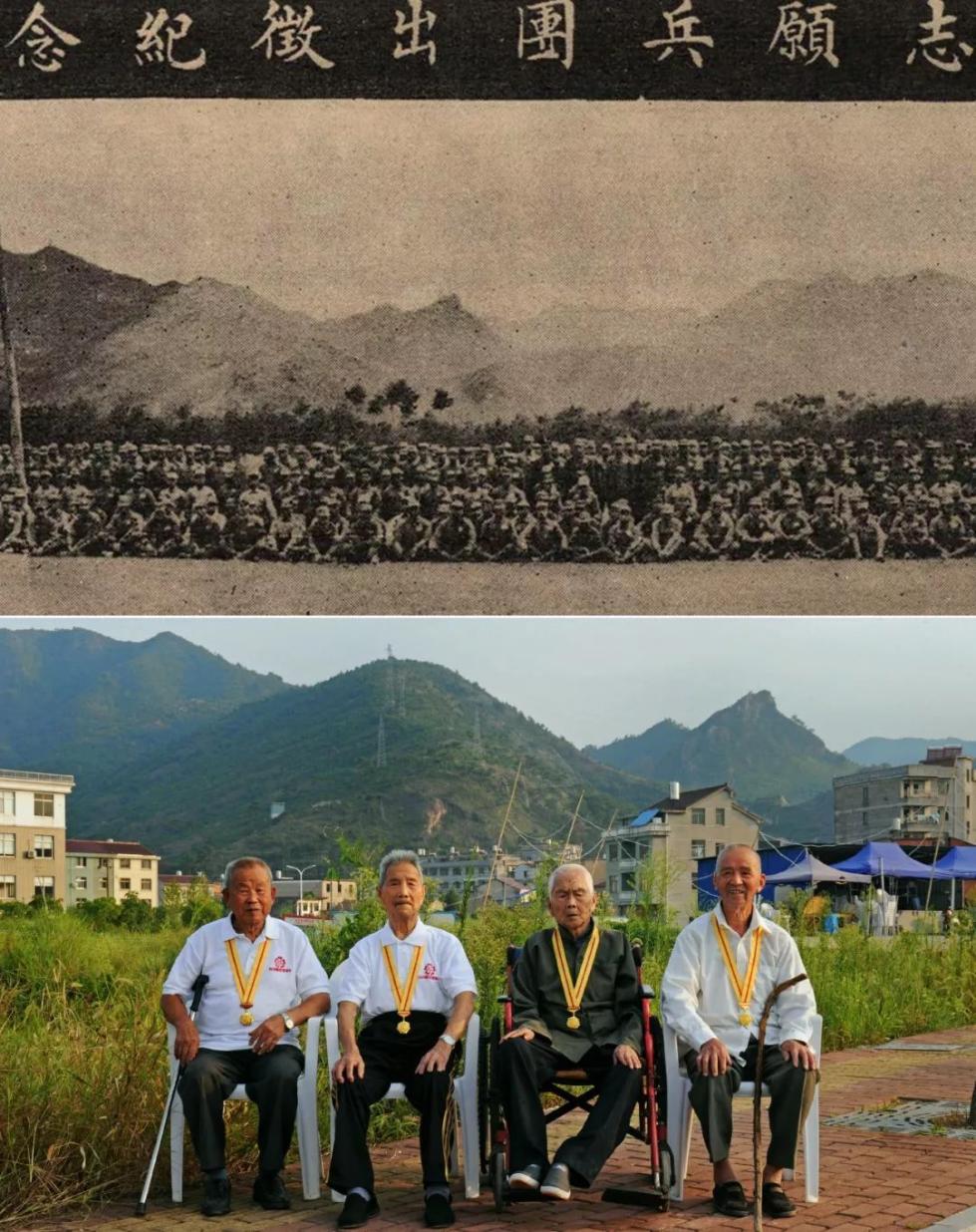上图：1939年10月10日，天台县各界隆重举行欢送志愿兵团出征大会。（局部）；
