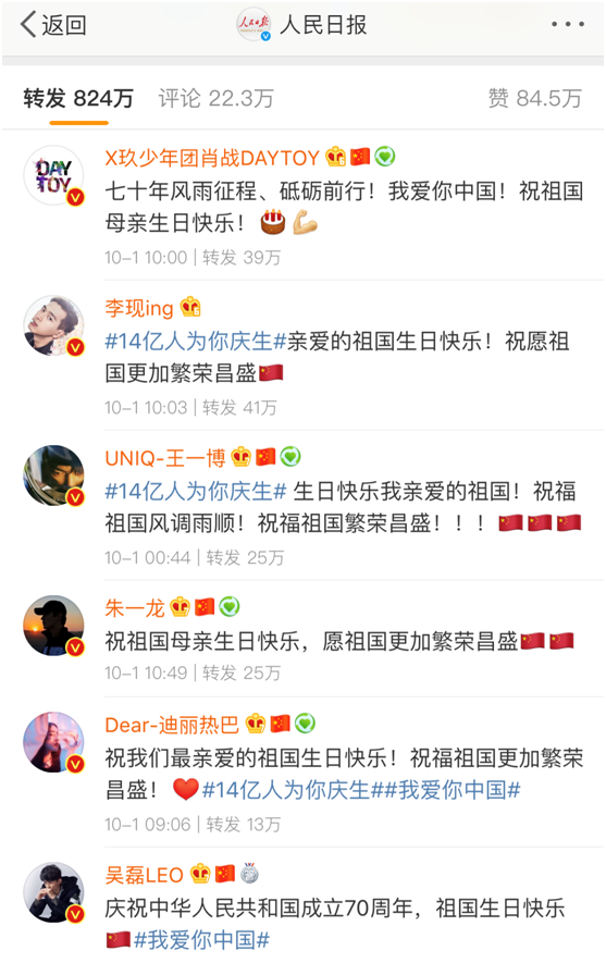 庆祝新中国成立七十周年众明星艺人发微博 祝福祖国母亲