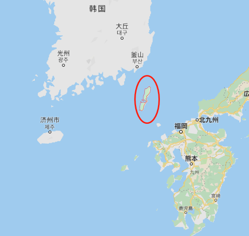 红圈处为对马岛(谷歌地图)