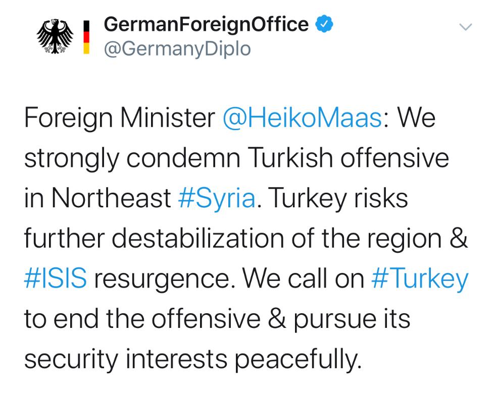 △德外长强烈谴责土耳其进攻叙利亚东北部地区