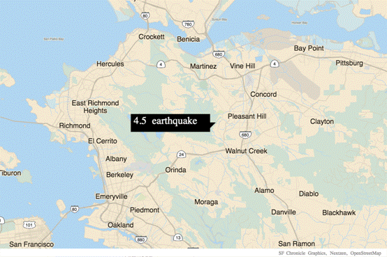 (美国加利福尼亚旧金山湾区14日发生4.5级地震。图源：《旧金山纪事报》)  