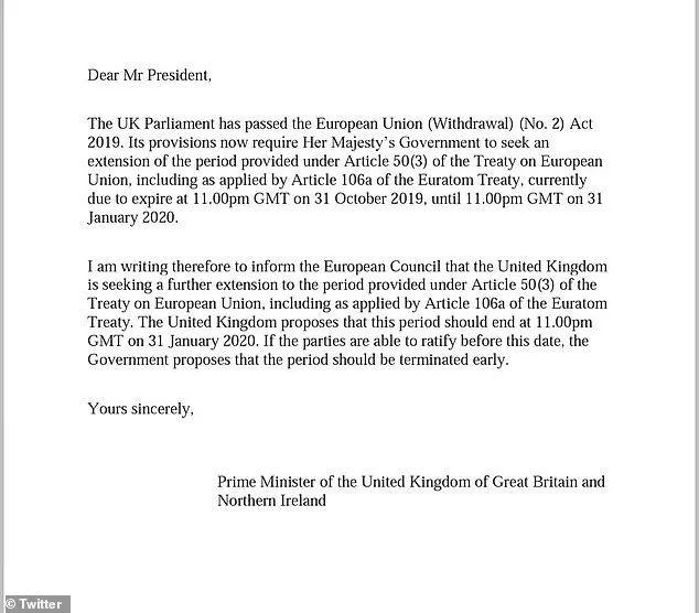 ▲约翰逊致函欧盟要求延迟脱欧，但没有在信上签名。图/英国《每日邮报》