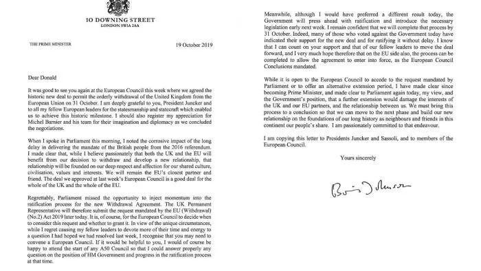▲约翰逊给欧盟发函阐述延期脱欧是个错误，附有签名。图/英国《金融时报》