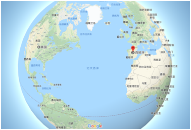 从美国到西班牙要横渡北大西洋 图源：Google地图