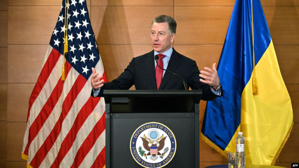 △2019年7月27日，美国驻乌克兰前特使库尔特⋅沃尔克在乌克兰基辅举行的新闻发布会上发表讲话。