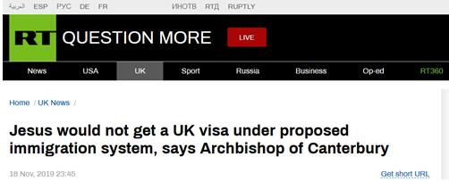 英国坎特伯雷大主教“吐槽”约翰逊签证计划：耶稣没法获得签证