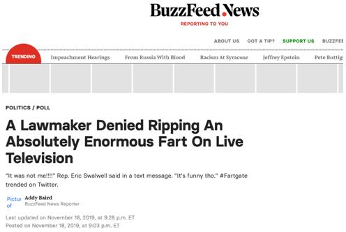 BuzzFeed新闻网站报道截图：“一位（美国）议员否认在电视直播中放了一个巨大的屁”