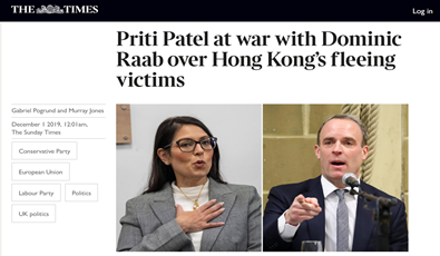 英国泰晤士报报道截图，左边为英国内政大臣普丽蒂⋅帕特尔，右边为多米尼克⋅拉布。