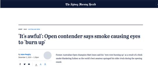 火灾烟雾笼罩悉尼，澳高尔夫球公开赛选手抱怨：看不到球，眼睛在“燃烧”
