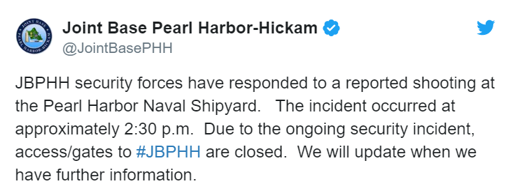 美国珍珠港枪击案进展：枪手系海军水手已自杀 2位平民死亡