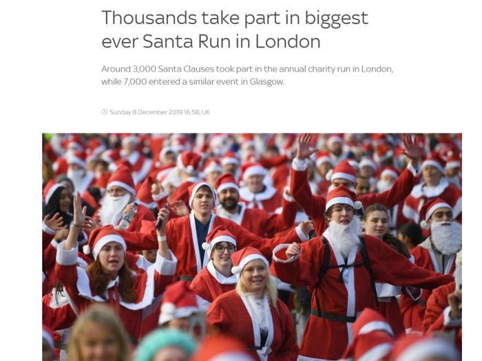 英国举办圣诞老人慈善长跑活动 约3000名“圣诞老人”现身维多利亚公园