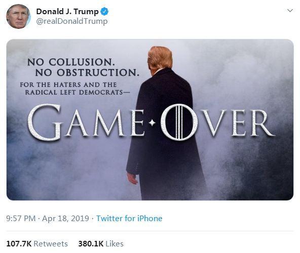 特朗普发布经过编辑的《权利的游戏》剧照，暗示自己将建造隔离墙。图片来源：社交媒体截图。