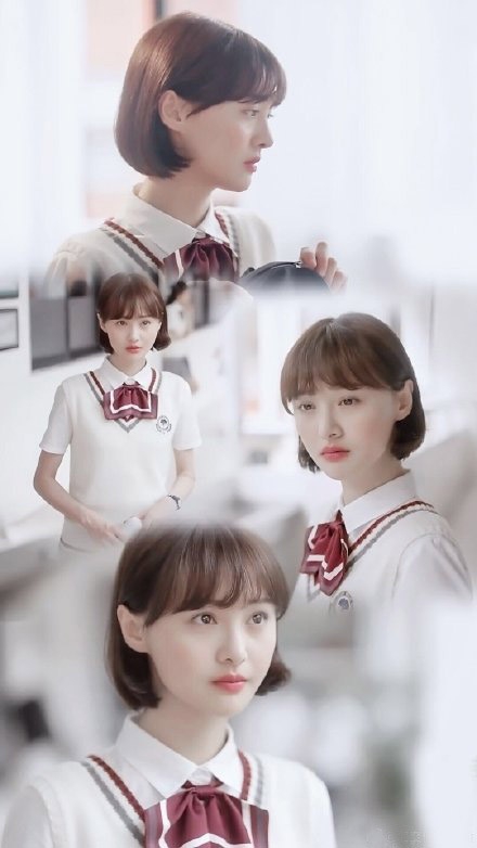 郑爽一身学生装白衬衫和短裙造型，娇俏清纯