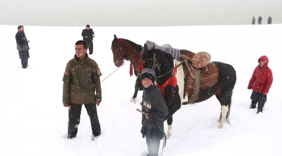 在阿富汗喀布尔，男孩牵着马站在积雪中。 新华社发（拉赫马图拉摄）