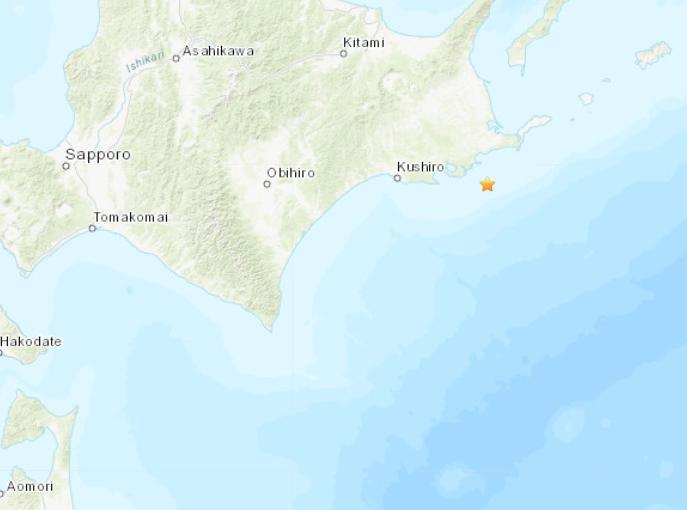 日本北海道钏路港东部海域发生5.0级地震。(图片来源：美国地质勘探局网站截图)