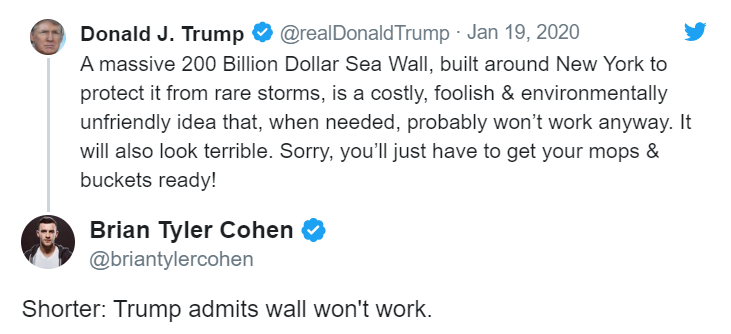 网友回复：特朗普承认造墙不管用了(来源：推特)