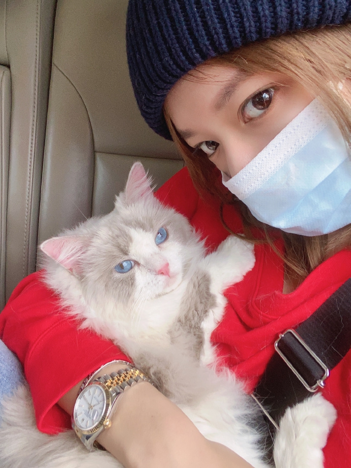 照片中的程潇身穿红色元气上衣,搭配深色毛线帽,怀抱猫咪戴口罩对镜