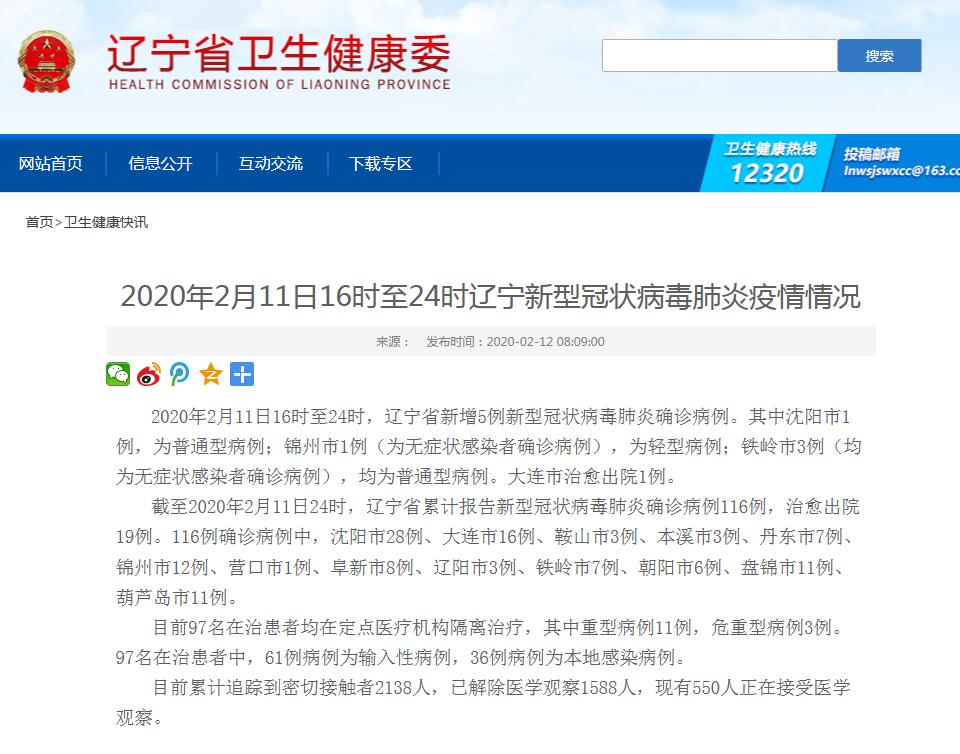 辽宁省新增5例新型冠状病毒肺炎确诊病例 累计确诊116例